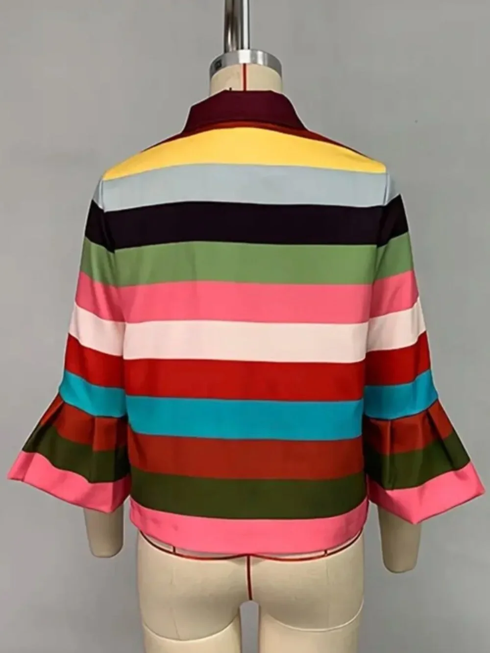 Female Vintage Multi-Colored Striped Lapel Elegant Jackets New Flared Sleeves